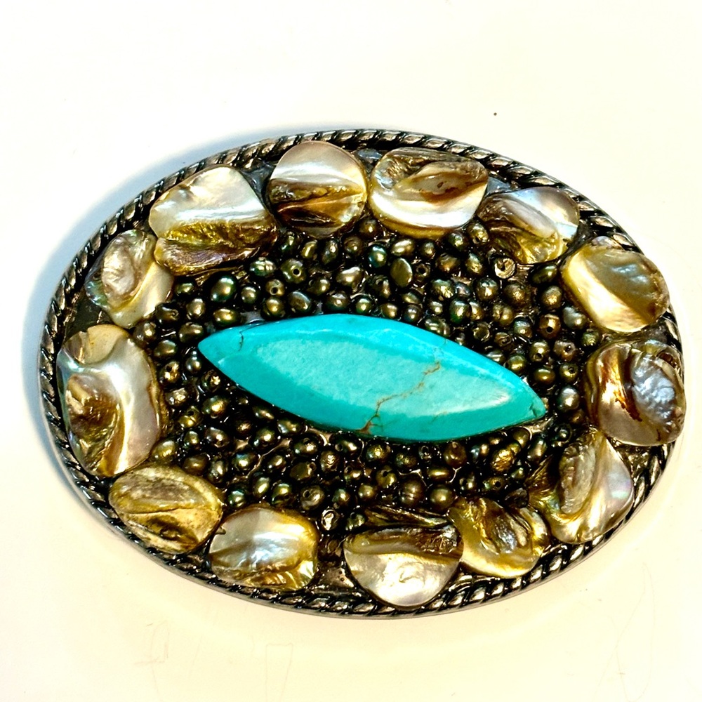 New Artisan Made Genuine Pearl/Turquoise  belt buckle. Handmade-One of a Kind!